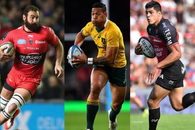 The experienced Mamuka Gorgodze, left, and young Alex Muller, flanking Aussie terror Israel Folau. Pictures: Getty