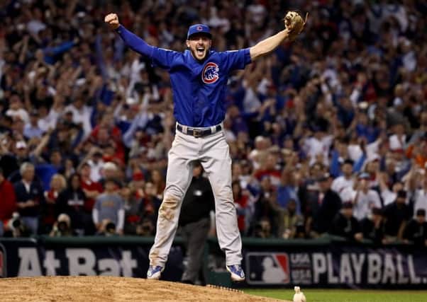 Kris Bryant of the Chicago Cubs celebrates after his side defeated the Cleveland Indians 8-7 in Game 7 to clinch the World Series for the first time in 108 years. Picture: Getty