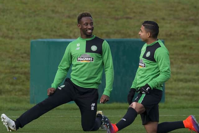 Celtic striker Moussa Dembele, left, and defender Emilio Izaguirre in training at Lennoxtown. Picture: SNS Group