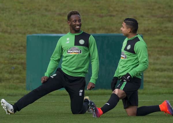 Celtic striker Moussa Dembele, left, and defender Emilio Izaguirre in training at Lennoxtown. Picture: SNS Group