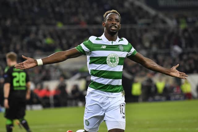 Celtic's Moussa Dembele celebrates his penalty equaliser against Borussia Monchengladbach in Germany. Picture: Martin Meissner/AP