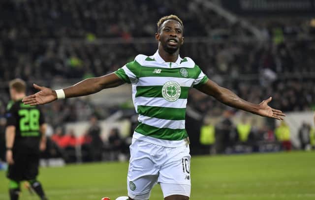 Celtic's Moussa Dembele celebrates his penalty equaliser against Borussia Monchengladbach in Germany. Picture: Martin Meissner/AP