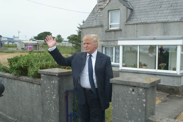 Donald Trump outside the childhood home of his mother Mary on the Isle of Lewis. Picture: JP