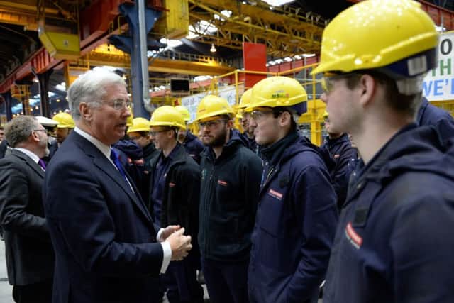 Defence secretary Michael Fallon MP at BAE Systems in Govan, Glasgow, where it was announced work on building eight Type 26 frigates at shipyards will start next summer.