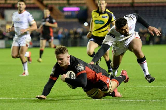 Edinburgh's Magnus Bradbury scores his side's third try. Picture: Paul Devlin/SNS/SRU