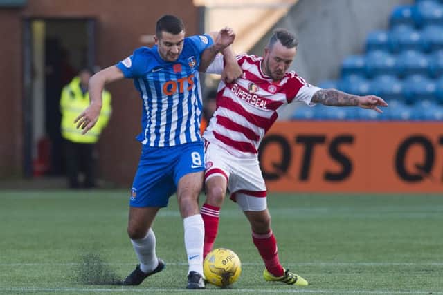 Killies Gary Dicker, left, battles for the ball with Dougie Imrie of Accies