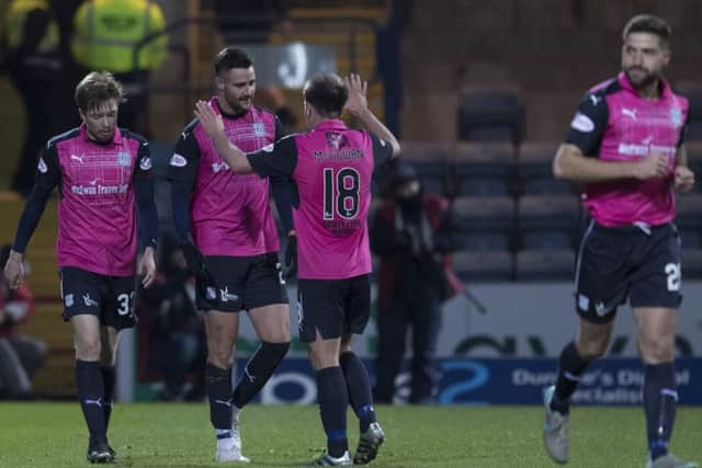 Dundees Marcus Haber, centre, celebrates his goal with Paul McGowan at Dens Park.  Picture: Kenny Smith/SNS