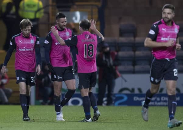 Dundees Marcus Haber, centre, celebrates his goal with Paul McGowan at Dens Park.  Picture: Kenny Smith/SNS