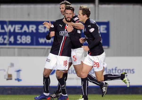 Falkirk celebrate Lee Miller's late equaliser. Picture: Michael Gillen