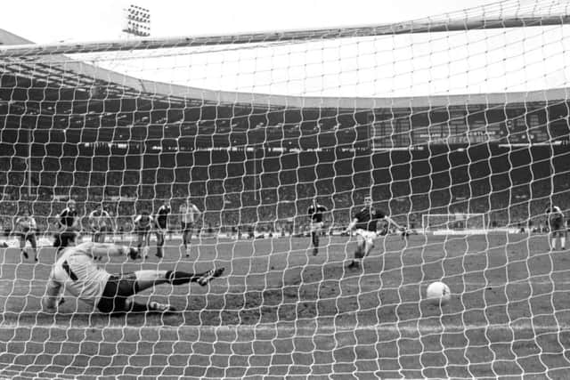 John Robertson scores from the penalty spot in 1981, a strike which was enough to secure a second Wembley victory in four years for Scotland. Picture: TSPL