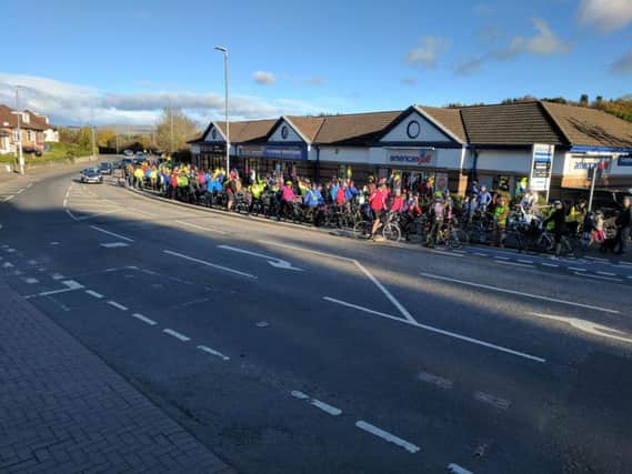 Cyclists gathering for today's "advocacy ride" along the Bears Way segregated cycle lane in Milngavie