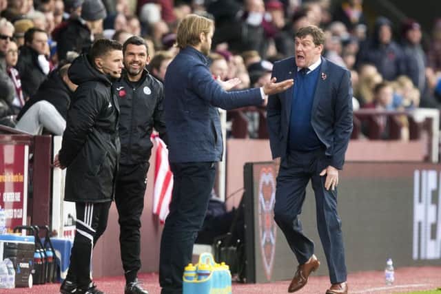 St Johnstone manager Tommy Wright vents his frustration towards Hearts head coach Robbie Neilson. Picture: SNS.