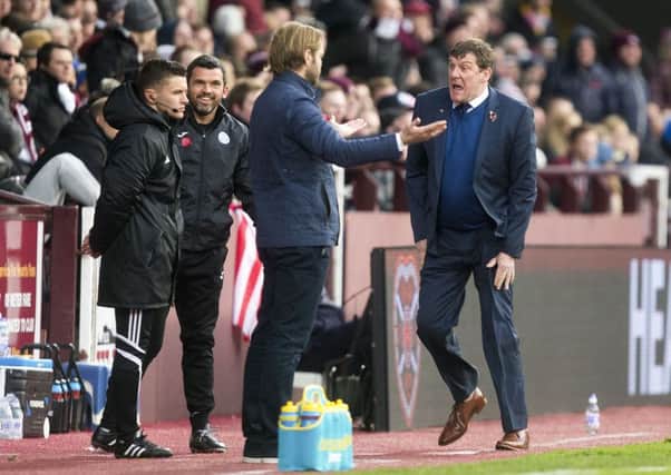 St Johnstone manager Tommy Wright vents his frustration towards Hearts head coach Robbie Neilson. Picture: SNS.