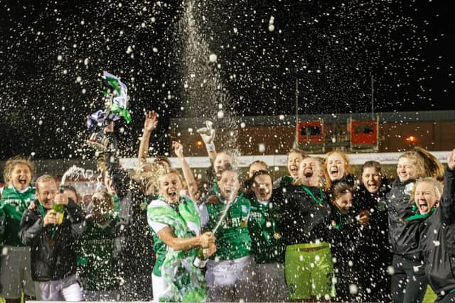 Hibernian Ladies celebrate winning the Scottish Cup following a tense game against Glasgow City at Hamilton. Picture: Robert Perry