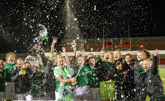 Hibernian Ladies celebrate winning the Scottish Cup following a tense game against Glasgow City at Hamilton. Picture: Robert Perry