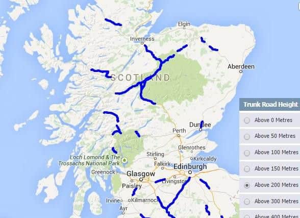 Snow is forecast to fall on roads above 200m, including some of these trunk routes. Picture: Traffic Scotland