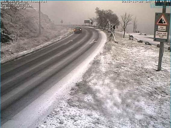 Snow at the Rest and Be Thankful pass on the A83 in Argyll at 4pm today. Picture: Traffic Scotland