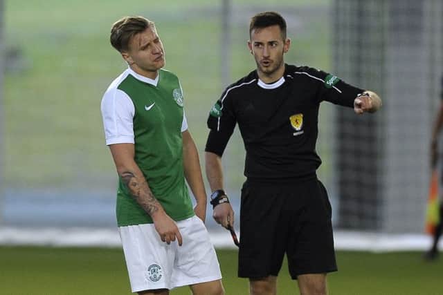 Jason Cummings was sent off for foul and abusive language towards an official while playing for Hibs under-20s against Kilmarnock.
Picture:
Neil Hanna