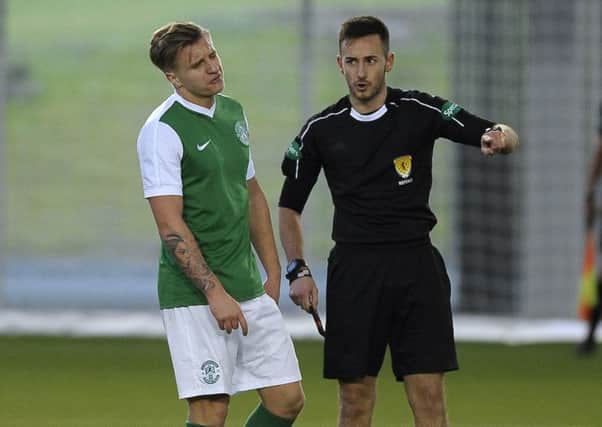 Jason Cummings was sent off for foul and abusive language towards an official while playing for Hibs under-20s against Kilmarnock.

Picture:
 Neil Hanna