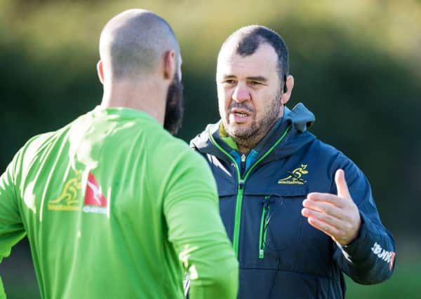 Australia coach Michael Cheika passes on instructions in training ahead of Saturday's autumn Test at BT Murrayfield. Picture: SNS