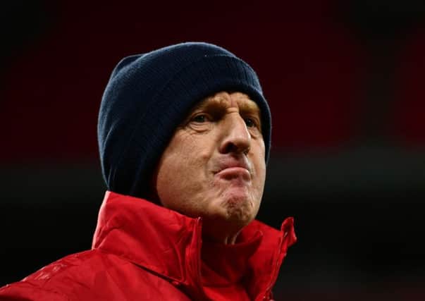 Scotland manager Gordon Strachan looks on during a training session at Wembley Stadium ahead of the World Cup qualifying clash with England. Picture: Dan Mullan/Getty Images