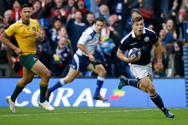 Scotland's Huw Jones scores his sides second try during the Autumn International match versus Australia at Murrayfield Stadium. Picture: Jane Barlow/PA Wire