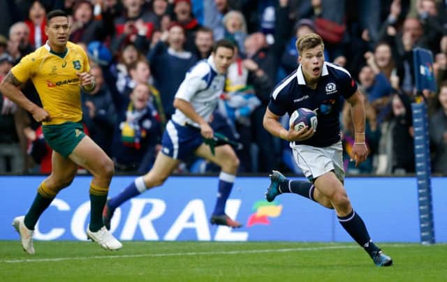 Scotland's Huw Jones scores his sides second try during the Autumn International match versus Australia at Murrayfield Stadium. Picture: Jane Barlow/PA Wire
