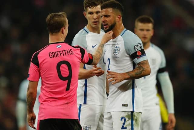 England defender Kyle Walker, right, argues with Scotland's forward Leigh Griffiths during Friday's World Cup 2018 qualification match between England and Scotland at Wembley. Picture: Adrian Dennis/Getty