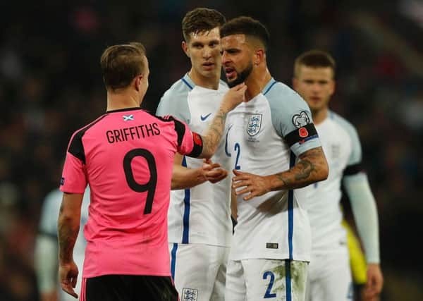 England defender Kyle Walker, right, argues with Scotland's forward Leigh Griffiths during Friday's World Cup 2018 qualification match between England and Scotland at Wembley. Picture: Adrian Dennis/Getty