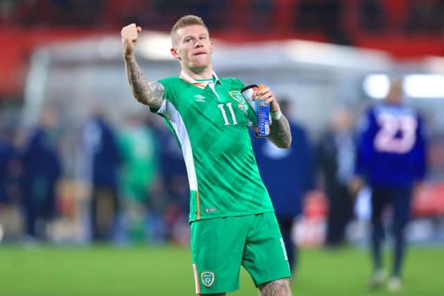 Republic of Ireland's James McClean celebrates after the final whistle of the 2018 FIFA World Cup Qualifying, Group D match at the Ernst-Happel-Stadion, Vienna. Picture: John Walton/PA Wire