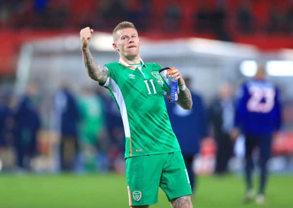 Republic of Ireland's James McClean celebrates after the final whistle of the 2018 FIFA World Cup Qualifying, Group D match at the Ernst-Happel-Stadion, Vienna. Picture: John Walton/PA Wire