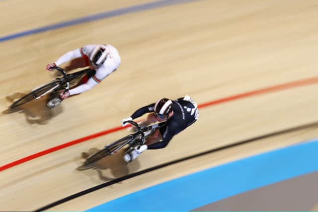 Jack Carlin (white) of Great Britain and Zac Williams of New Zealand compete in the Men's Sprint during the Tissot UCI Track Cycling World Cup. Picture: Dean Mouhtaropoulos/Getty
