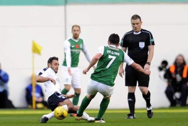 Tom Taiwo is sent off for a tackle on John McGinn. Picture: Michael Gillen