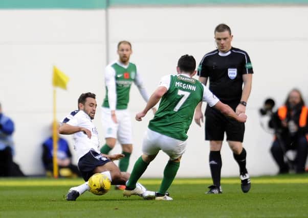 Tom Taiwo is sent off for a tackle on John McGinn. Picture: Michael Gillen
