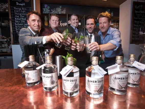 At the launch at Harry's Bar in Edinburgh are, left to right, drinks
industry specialist David Moore, social entrepreneur Chris Thewlis and Pickering's Gin directors Matthew Gammell, Dave Mullen and Marcus Pickering. Picture: Contributed