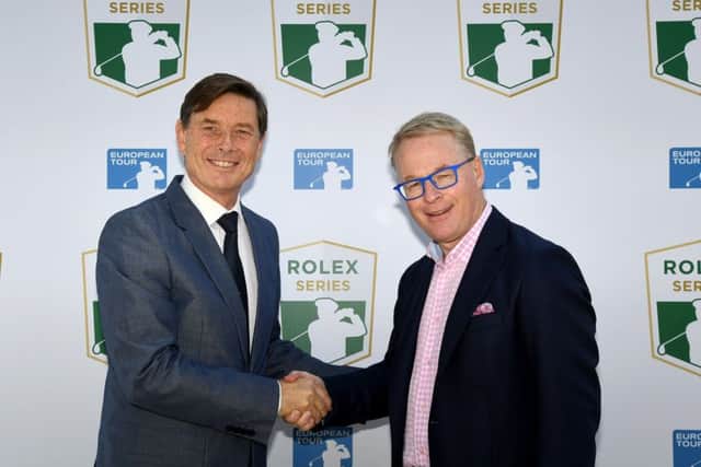 European Tour chief executive Keith Pelley (right) announces the Rolex Series with Laurent Delanney of Rolex.  Picture: Ross Kinnaird/Getty Images