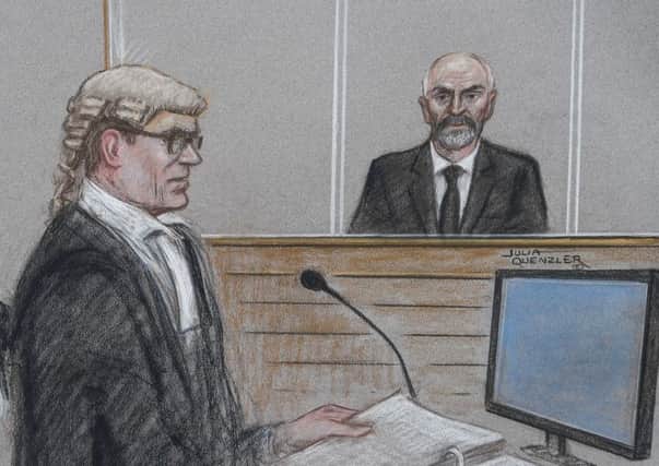 An artist's impression of Richard Whittam QC, prosecuting, as he questions Thomas Mair in court