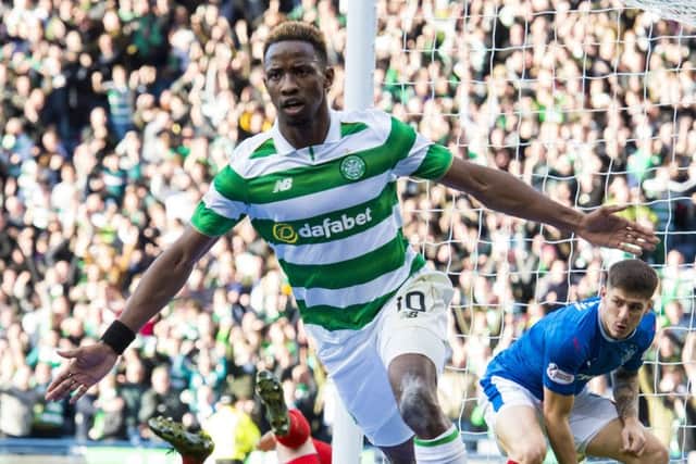 Moussa Dembele celebrates his winner for Celtic against Rangers in the Betfred Cup sem-final. Picture: SNS