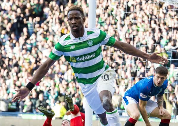 Moussa Dembele celebrates his winner for Celtic against Rangers in the Betfred Cup sem-final. Picture: SNS