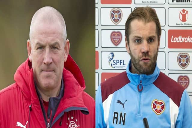Rangers boss Mark Warburton, left, and Robbie Neilson of Hearts. Pictures: SNS