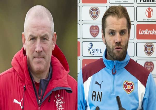 Rangers boss Mark Warburton, left, and Robbie Neilson of Hearts. Pictures: SNS