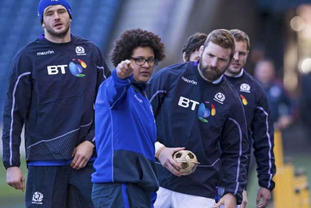 Strength and conditiong coach Andy Boyd points the way to John Barclay as Scotland's players are put through their paces. Picture: Gary Hutchison/SNS/SRU