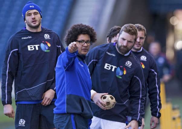 Strength and conditiong coach Andy Boyd points the way to John Barclay as Scotland's players are put through their paces. Picture: Gary Hutchison/SNS/SRU