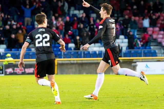 Aberdeen's Kenny McLean (right) celebrates his goal with Ryan Jack at the Tulloch Caledonian Stadium. Picture: Ross Parker/SNS