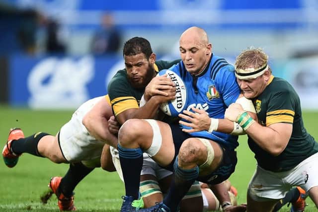 Italy's Sergio Parisse is tackled by South Africa's Rudy Paige and Adriaan Strauss at the Artmio Franchi Stadium in Florence. Picture: Getty Images