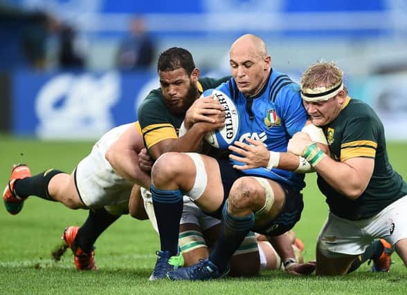 Italy's Sergio Parisse is tackled by South Africa's Rudy Paige and Adriaan Strauss  at the Artmio Franchi Stadium in Florence. Picture: Getty Images