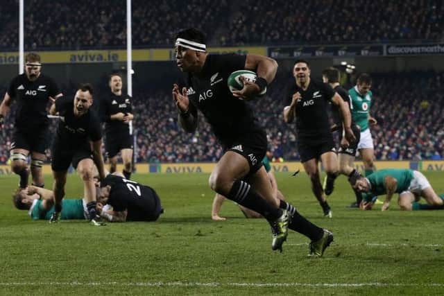 New Zealand's Malakai Fekitoa on his way to scoring his side's third try during the Autumn International match at the Aviva Stadium, Dublin.  Photograph: Brian Lawless/PA