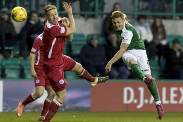 Hibernian's Fraser Fyvie fires in a shot during the easy win over Queen of the South. Picture: SNS
