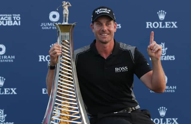 Henrik Stenson celebrates being European No 1 for the second time in four years after winning the Race to Dubai. Picture: Getty Images