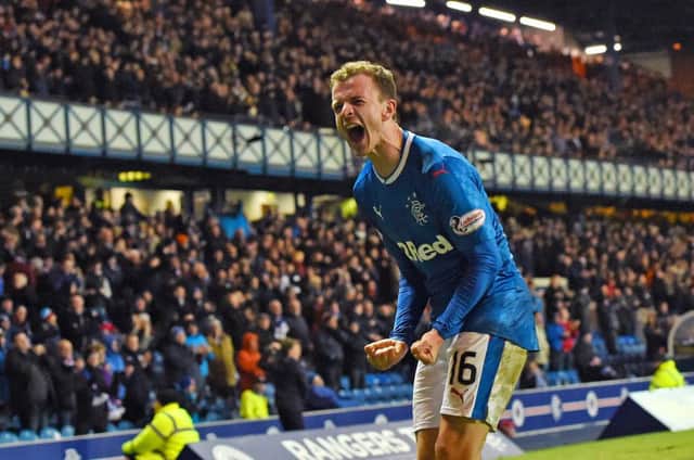 Rangers' Andy Halliday celebrates after Harry Forrester's late winner. Picture: SNS